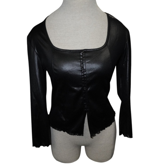Vintage Wards Black Shiny Button Front Top – Faux Leather Look – Square Neck – S - Picture 1 of 7